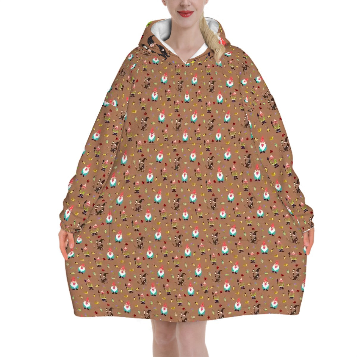 "Gnome Trails" Brown Blanket Hoodie – Cozy Whimsical Loungewear with Gnomes