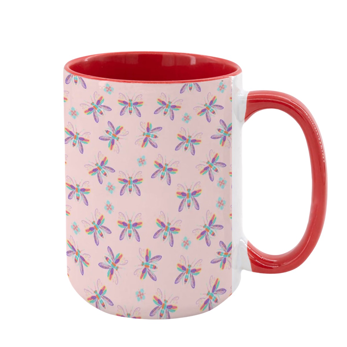 “Iridescent Flight” 15oz Mug – Dragonfly Print, Pink Background, Large Coffee Cup, Whimsical Nature Gift