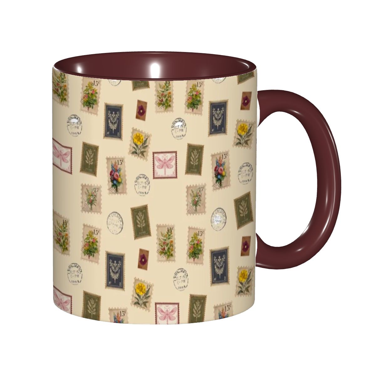 "Garden Postage"11oz Mug – Vintage Botanical Stamp Print on Cream | Floral Coffee Cup by Rabbit Haven
