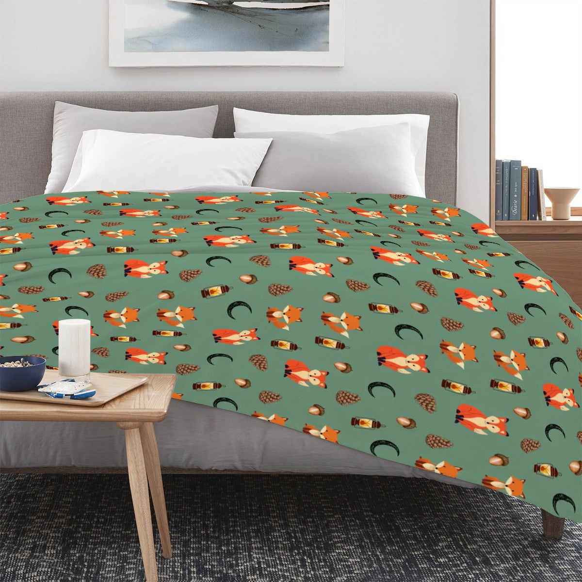 "Foxlight Trail" Forest Blanket – Whimsical Foxes & Lanterns on Muted Green