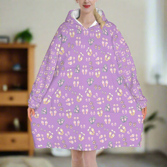 "Bunny Tracks" Adult Blanket Hoodie – Lavender Background, Cute Rabbit Footprint Print