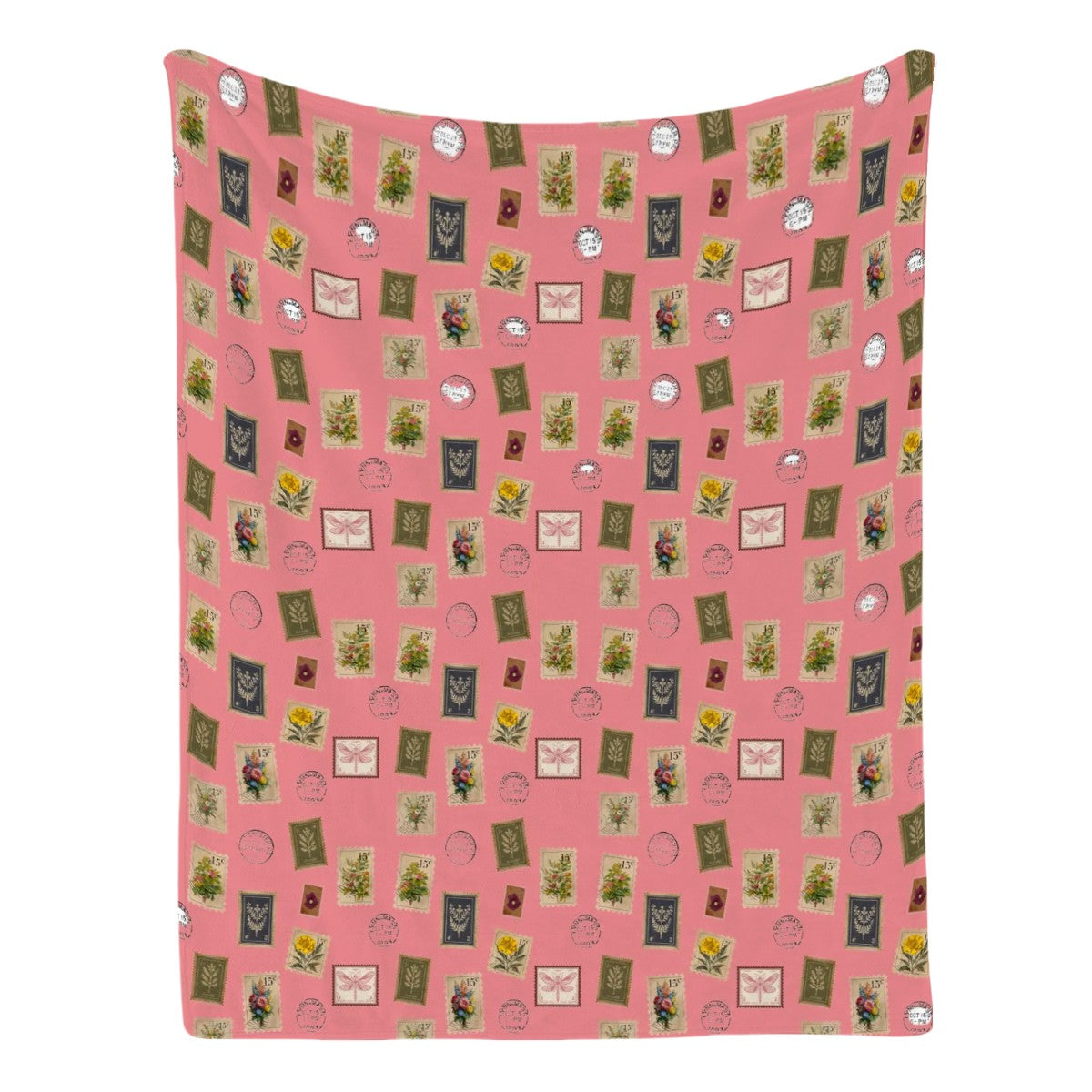 "Garden Postage" Blanket – Vintage Botanical Stamps on Pastel Rose | Cozy Floral Throw by Rabbit Haven