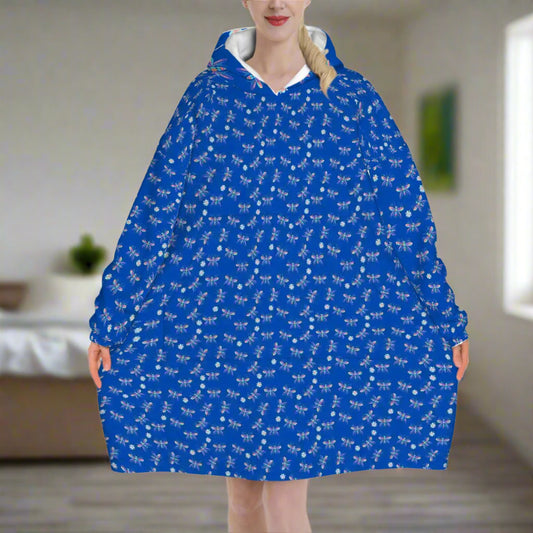 "Iridescent Flight" Blue Blanket Hoodie – Cozy Whimsical Loungewear with Dragonflies