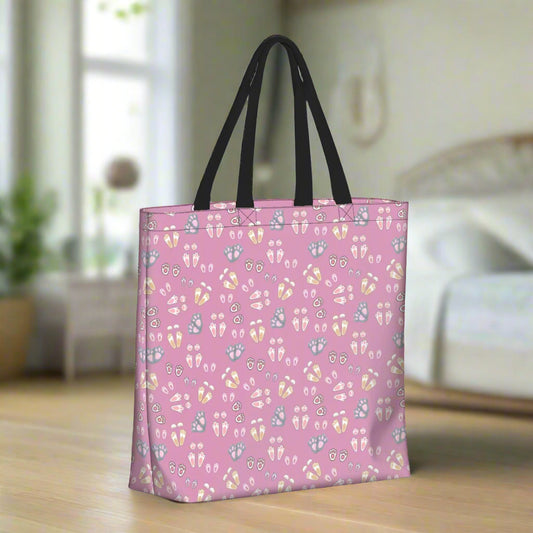 “Bunny Tracks” Shoulder Bag – Dusty Rose Background, Cute Rabbit Paw Print Pattern, Large Zip-Top Purse, Animal Lover Gift