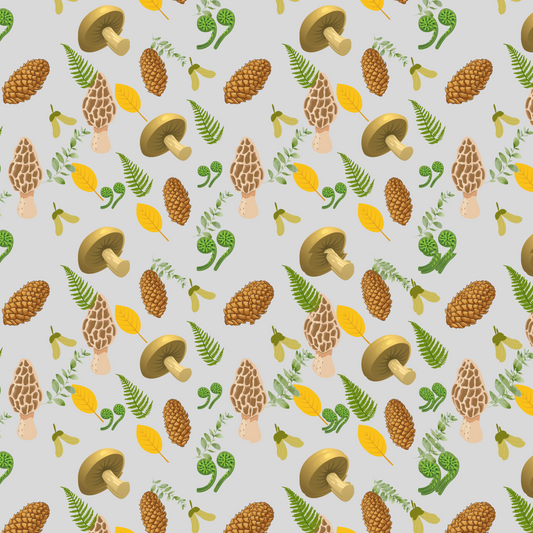 "Forest Forager" Blanket – Light Grey Fleece Throw with Mushrooms, Pinecones & Ferns, Cozy Woodland Nature Decor Gift