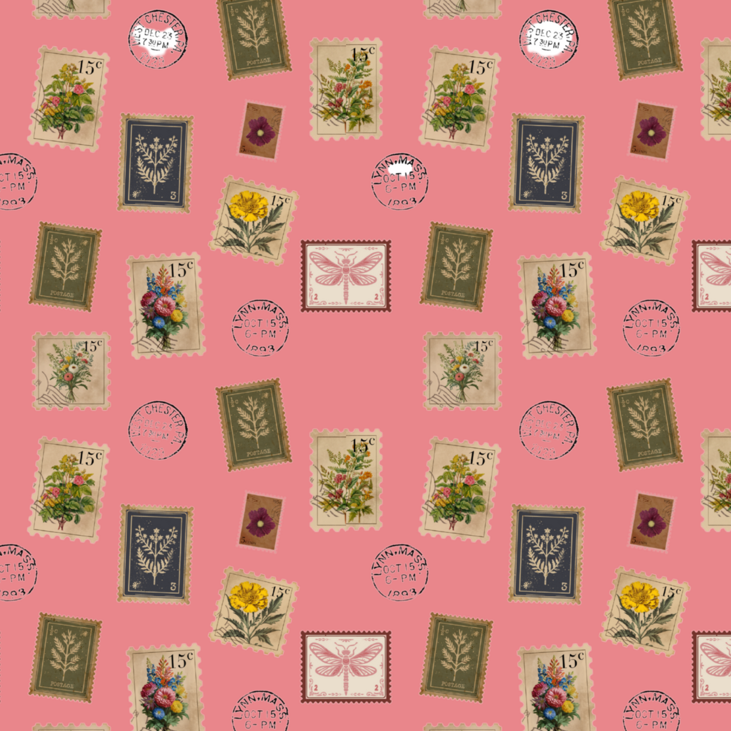 "Garden Postage" Blanket – Vintage Botanical Stamps on Pastel Rose | Cozy Floral Throw by Rabbit Haven