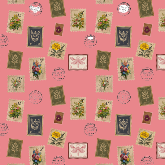 "Garden Postage" Blanket – Vintage Botanical Stamps on Pastel Rose | Cozy Floral Throw by Rabbit Haven