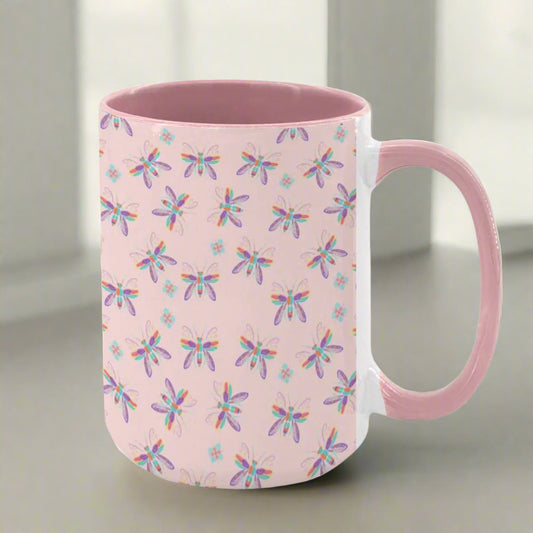 “Iridescent Flight” 15oz Mug – Dragonfly Print, Pink Background, Large Coffee Cup, Whimsical Nature Gift