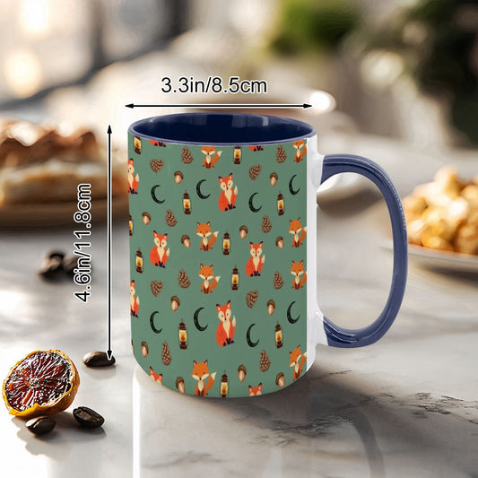 "Foxlight Trail" 15oz Mug – Whimsical Fox & Forest Lanterns on Muted Green | Woodland Coffee Cup by Rabbit Haven