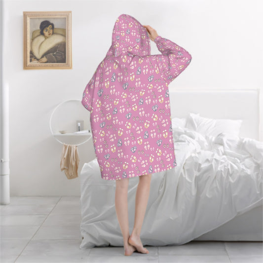 "Bunny Tracks" Adult Blanket Hoodie – Dusty Rose Background, Cute Rabbit Footprint Print