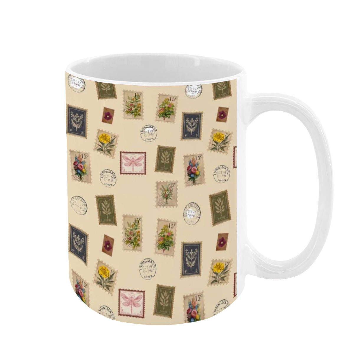 "Garden Postage" 15oz Mug – Vintage Botanical Stamp Print on Cream | Large Floral Coffee Cup by Rabbit Haven