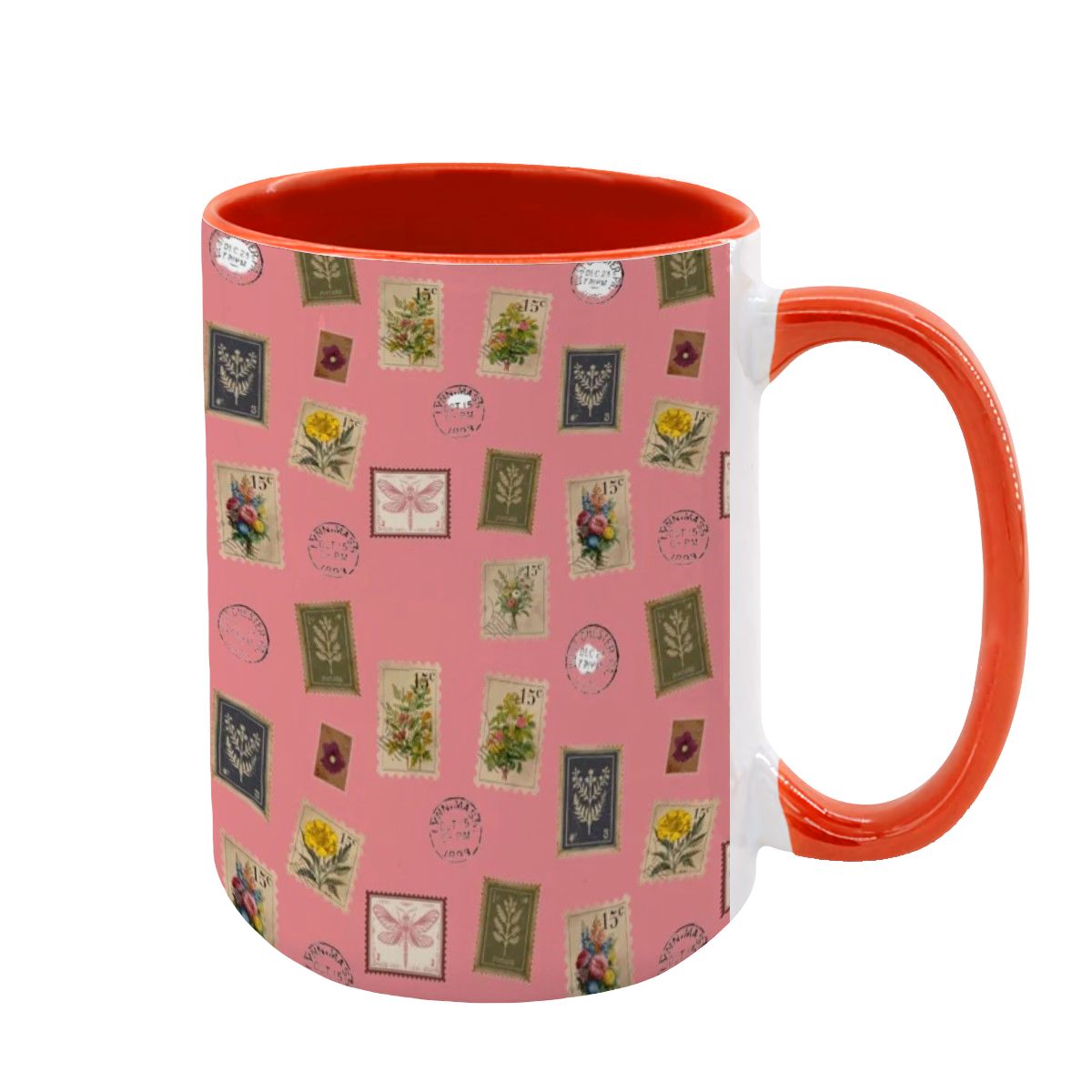"Garden Postage" 15oz Mug – Vintage Botanical Stamp Print on Pastel Rose | Large Floral Coffee Cup by Rabbit Haven