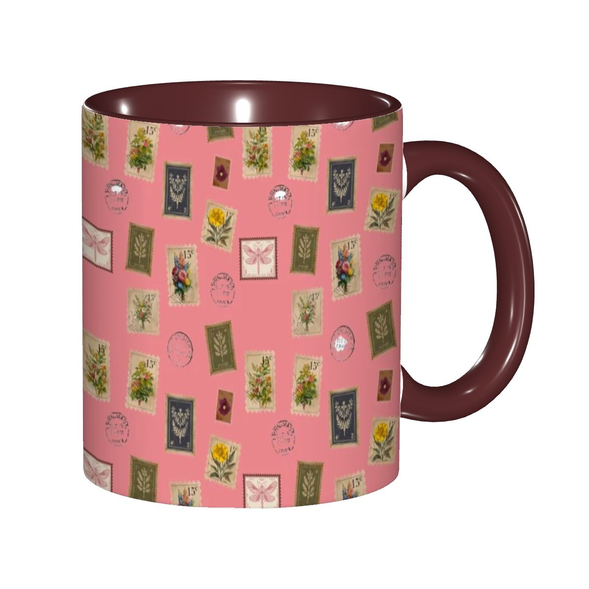 "Garden Postage"11oz Mug – Vintage Botanical Stamp Print on Pastel Rose | Floral Coffee Cup by Rabbit Haven