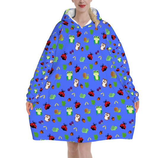 Forest Frolic Blanket Hoodie – Blue, Woodland Animals & Leaf Print