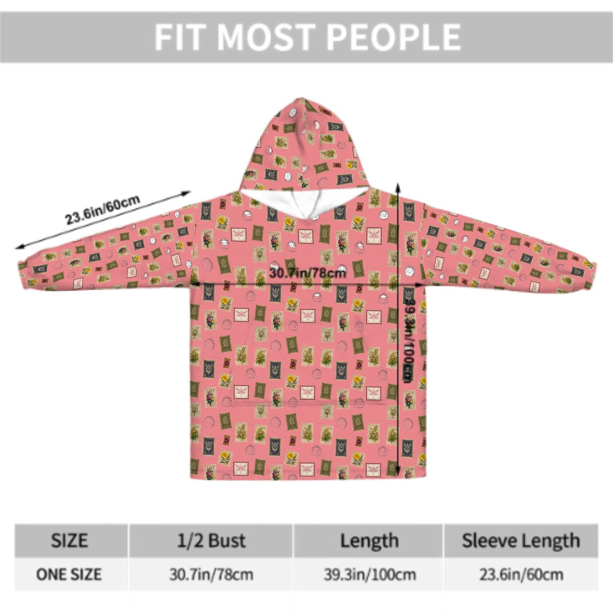 "Garden Postage" Adult Blanket Hoodie – Pastel Rose Background, Cozy Floral Stamp Print
