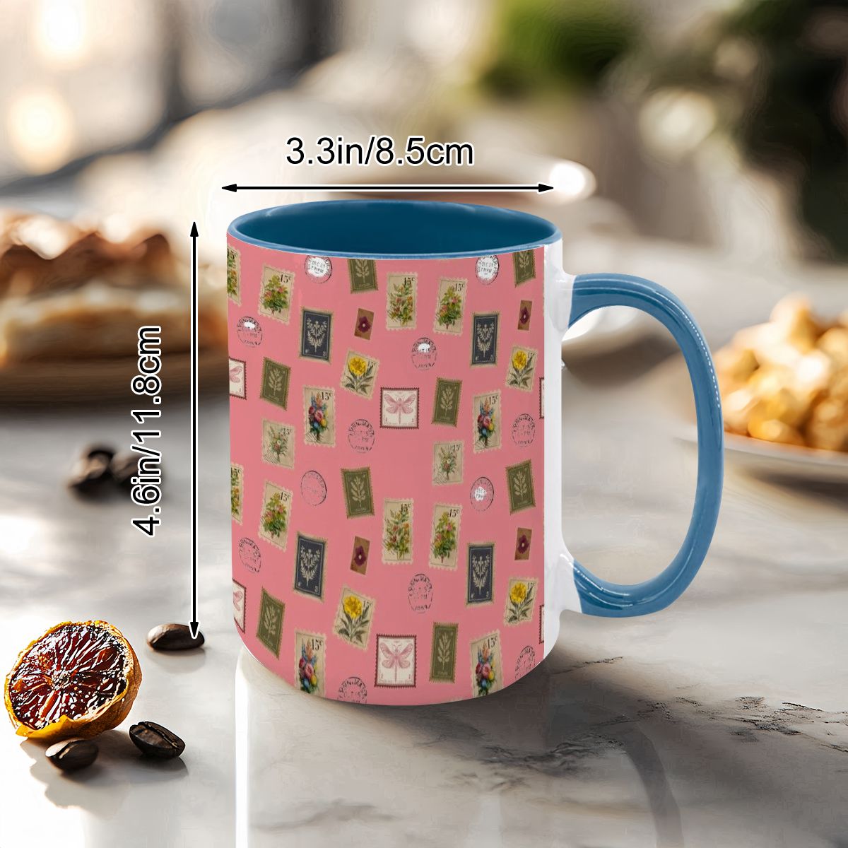 "Garden Postage" 15oz Mug – Vintage Botanical Stamp Print on Pastel Rose | Large Floral Coffee Cup by Rabbit Haven