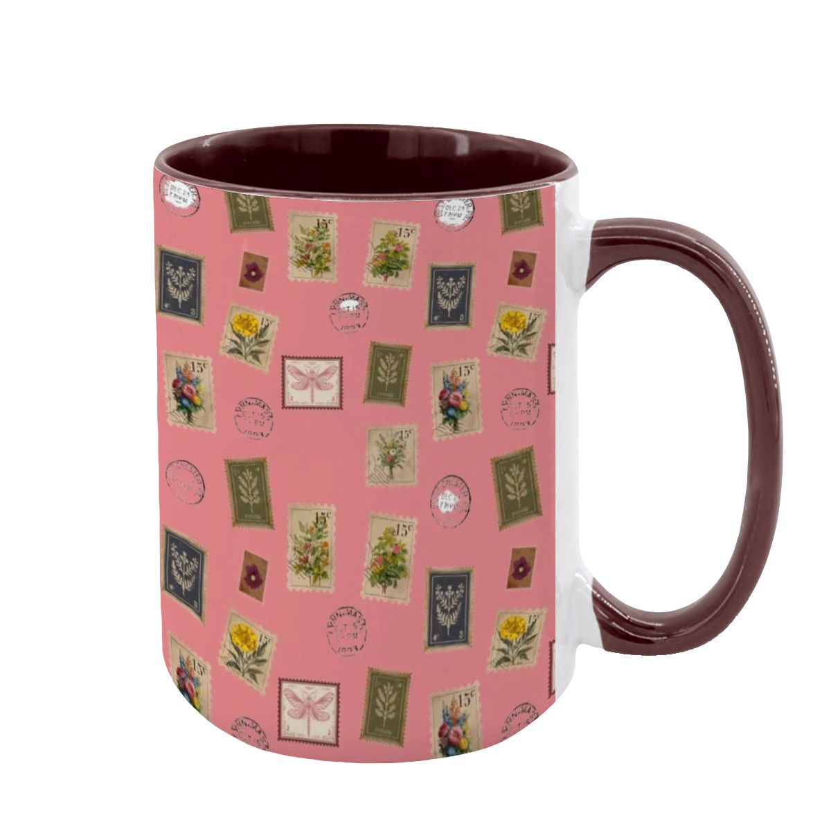 "Garden Postage" 15oz Mug – Vintage Botanical Stamp Print on Pastel Rose | Large Floral Coffee Cup by Rabbit Haven