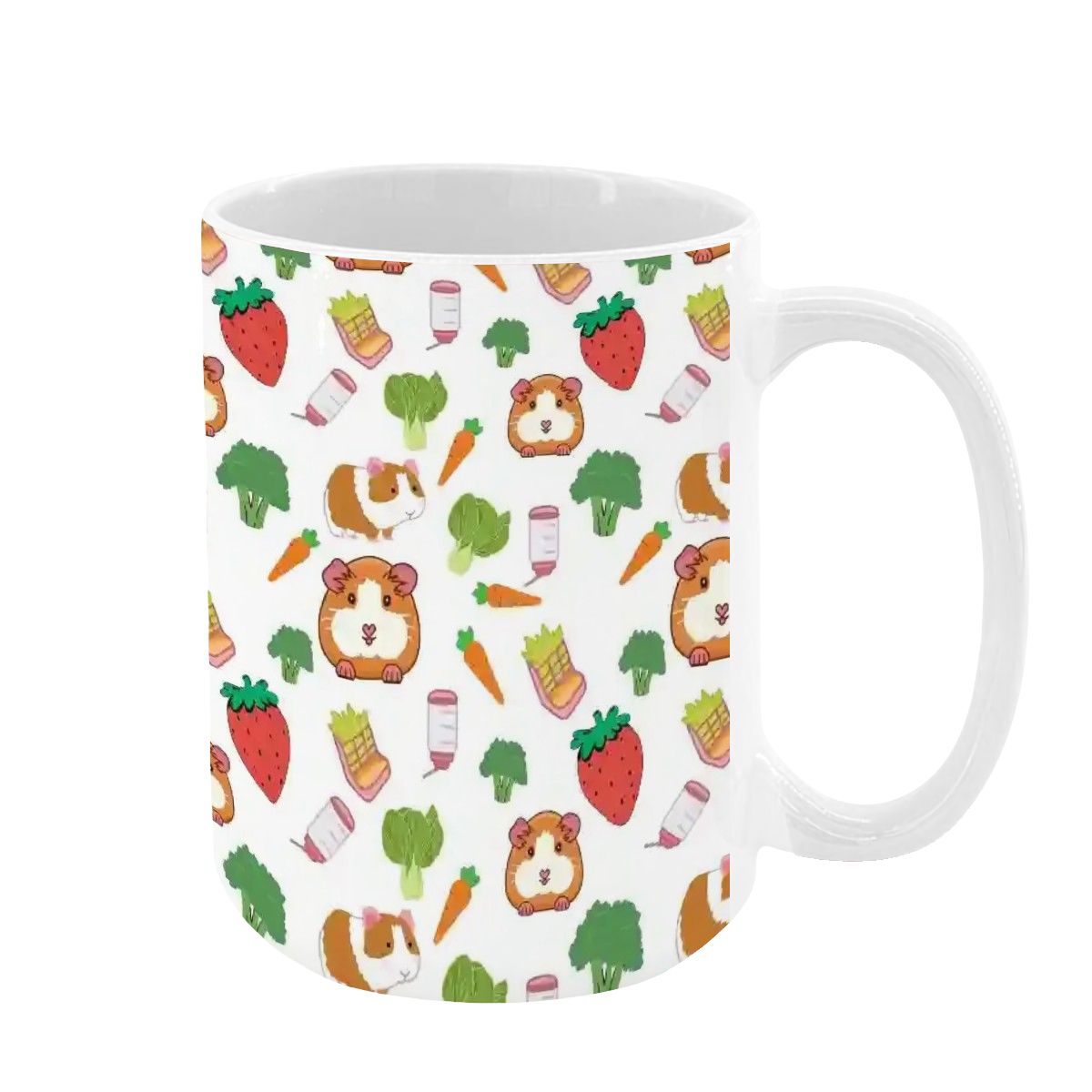“Guinea Pig Picnic” 15oz Mug – Cute Guinea Pig, Veggies & Feeding Dishes Pattern, Large Coffee Cup, Pet Lover Gift