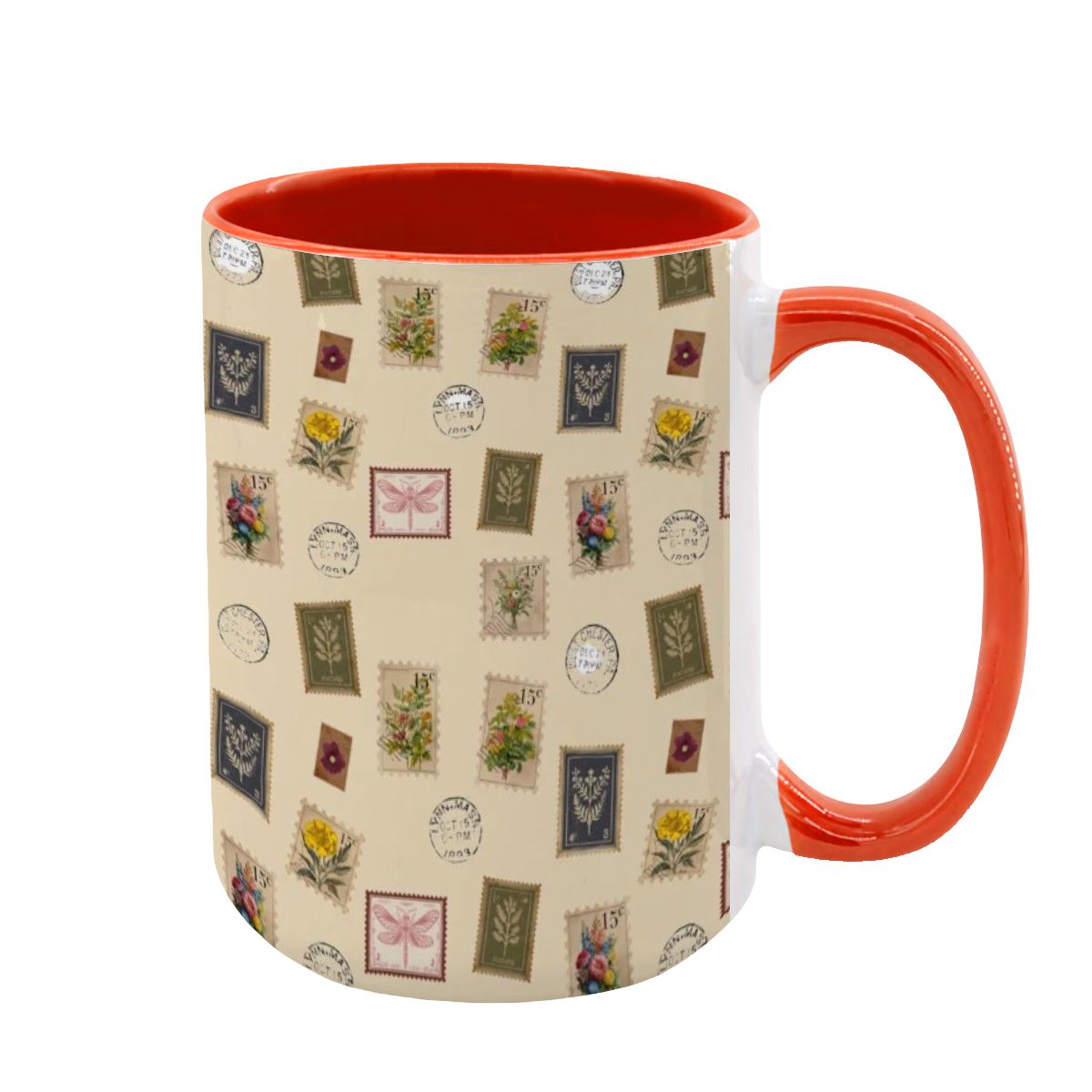 "Garden Postage" 15oz Mug – Vintage Botanical Stamp Print on Cream | Large Floral Coffee Cup by Rabbit Haven