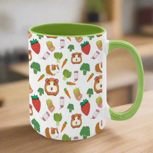 “Guinea Pig Picnic” 15oz Mug – Cute Guinea Pig, Veggies & Feeding Dishes Pattern, Large Coffee Cup, Pet Lover Gift