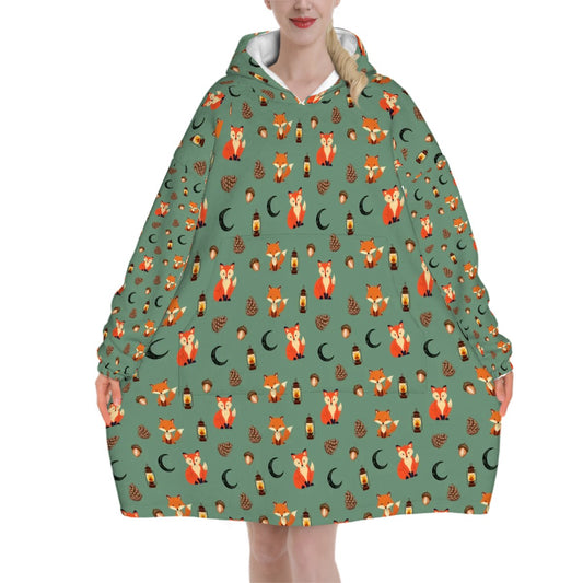 Foxlight Trail Blanket Hoodie – Woodland Foxes, Lanterns & Pinecones on Forest Green | Ultra-Soft Flannel, Cozy Loungewear for Nature Lovers