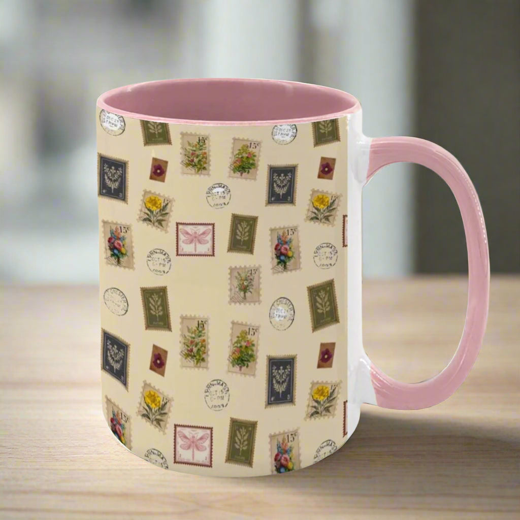 "Garden Postage" 15oz Mug – Vintage Botanical Stamp Print on Cream | Large Floral Coffee Cup by Rabbit Haven