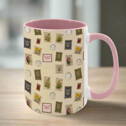 "Garden Postage" 15oz Mug – Vintage Botanical Stamp Print on Cream | Large Floral Coffee Cup by Rabbit Haven