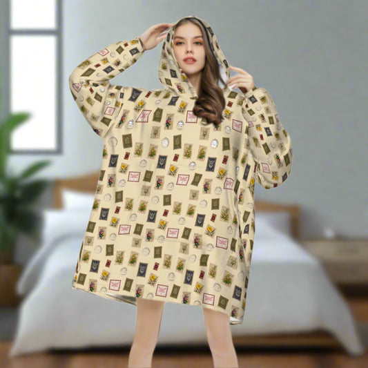 "Garden Postage" Adult Blanket Hoodie – Cream Background, Cozy Floral Stamp Print