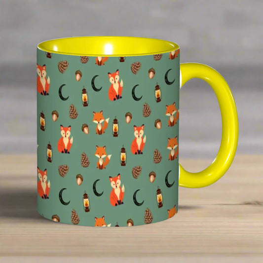Foxlight Trail 11oz Mug – Whimsical Fox & Forest Lanterns on Muted Green | Woodland Coffee Cup by Rabbit Haven