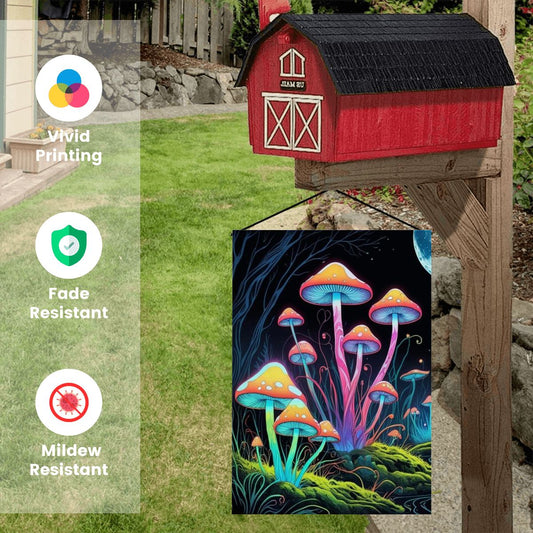 Starlit Mushrooms Garden Flag – Magical Neon Mushroom Outdoor Decor