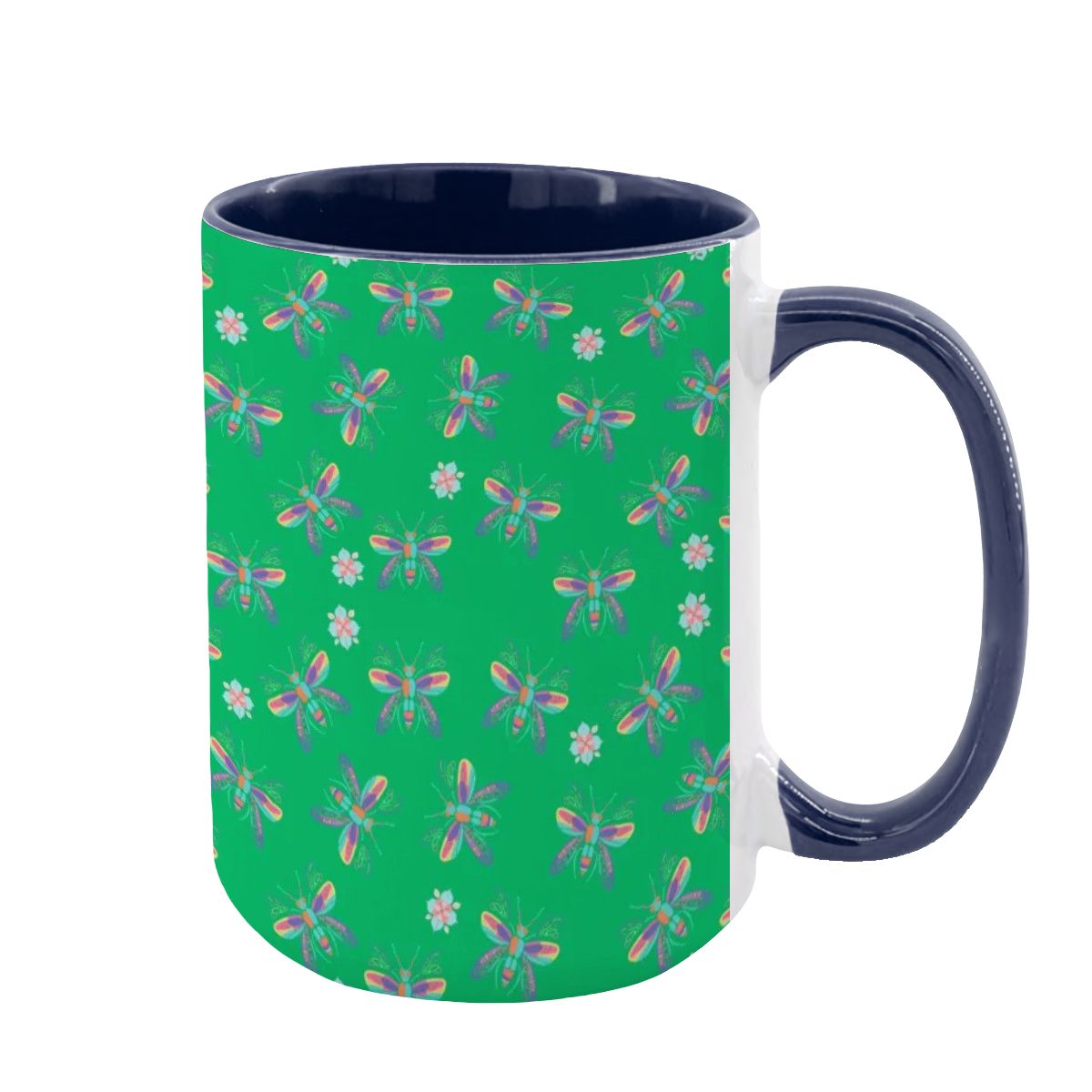 “Iridescent Flight” 15oz Mug – Dragonfly Print, Green Background, Large Coffee Cup, Whimsical Nature Gift