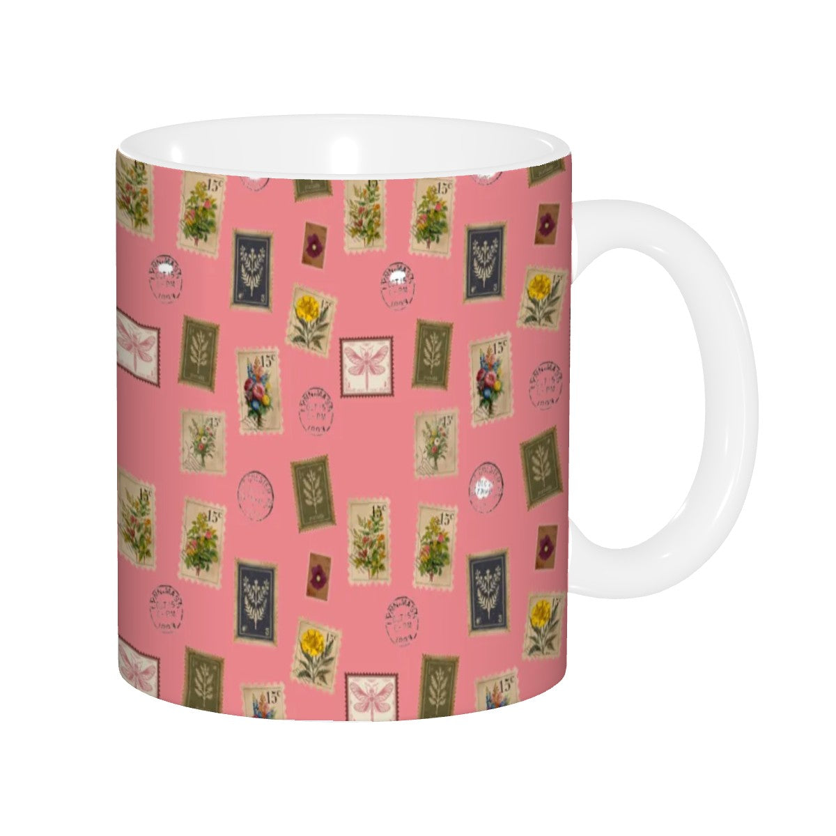 "Garden Postage"11oz Mug – Vintage Botanical Stamp Print on Pastel Rose | Floral Coffee Cup by Rabbit Haven
