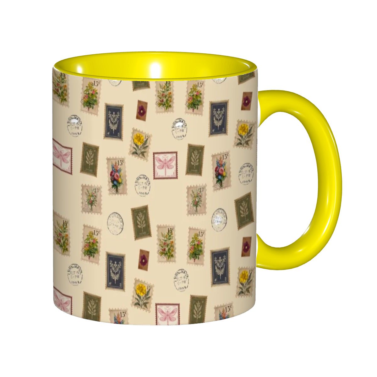"Garden Postage"11oz Mug – Vintage Botanical Stamp Print on Cream | Floral Coffee Cup by Rabbit Haven