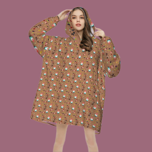 "Gnome Trails" Brown Blanket Hoodie – Cozy Whimsical Loungewear with Gnomes