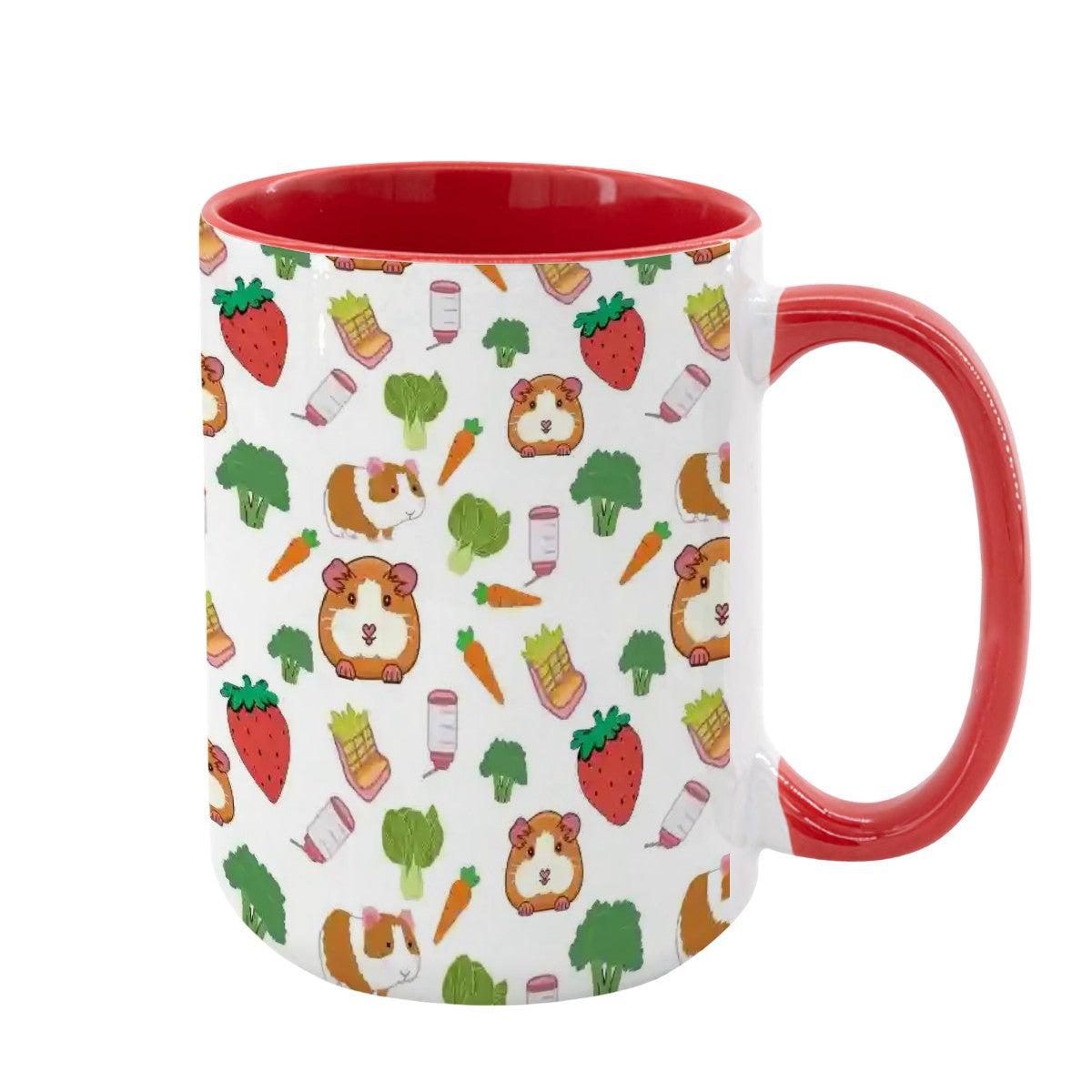 “Guinea Pig Picnic” 15oz Mug – Cute Guinea Pig, Veggies & Feeding Dishes Pattern, Large Coffee Cup, Pet Lover Gift