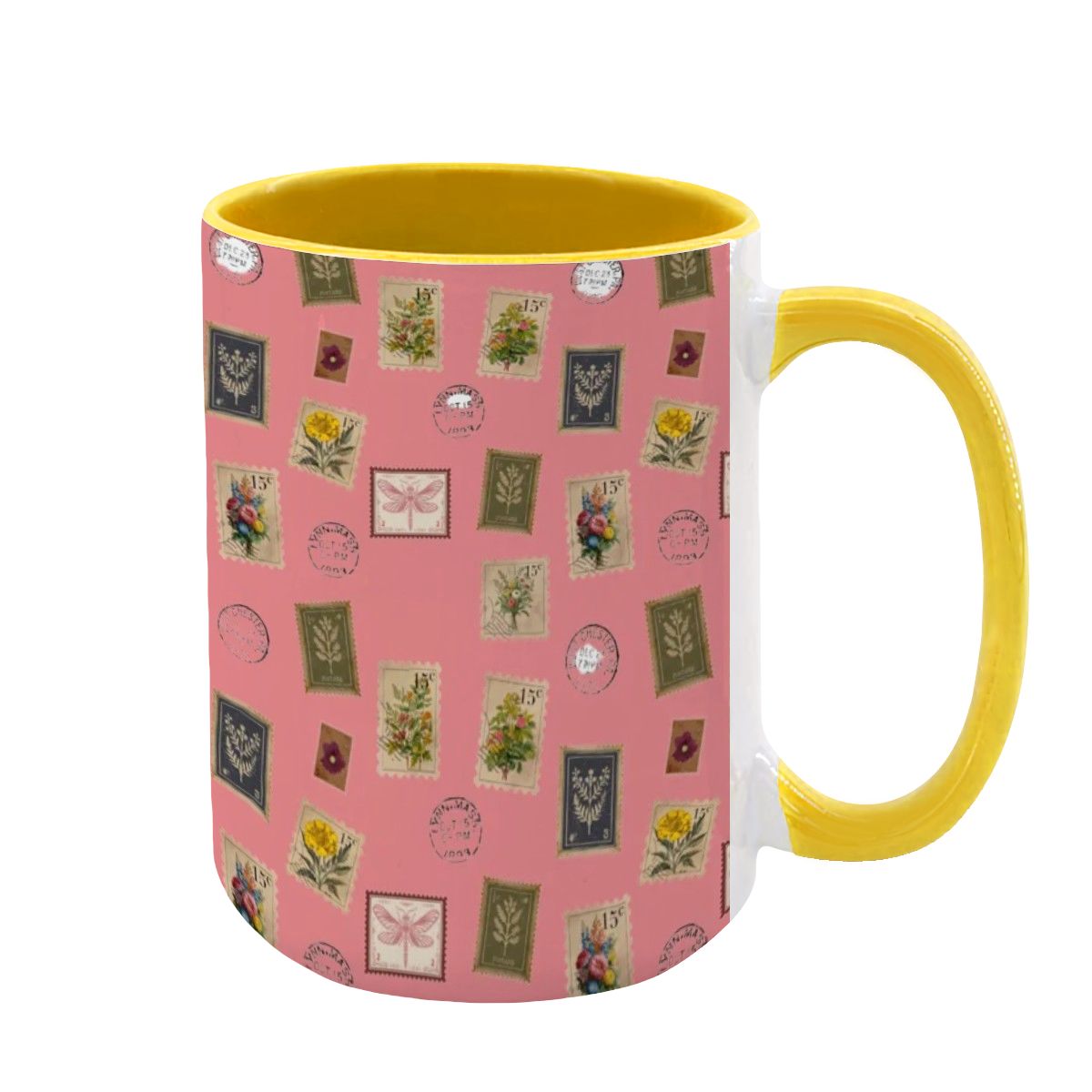 "Garden Postage" 15oz Mug – Vintage Botanical Stamp Print on Pastel Rose | Large Floral Coffee Cup by Rabbit Haven