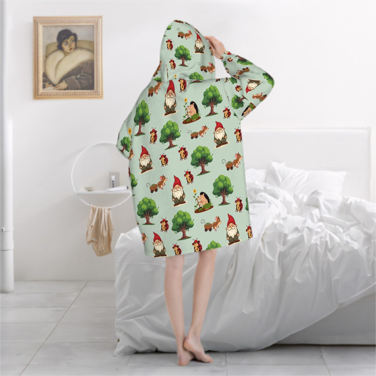 Gnome Folk & Friends Blanket Hoodie – Sage Green, Gnomes & Woodland Animals