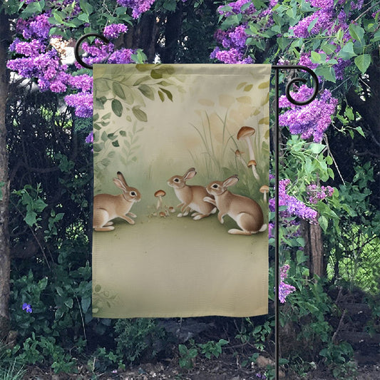 Meadow Gathering Garden Flag – Whimsical Bunny and Mushroom Outdoor Decor