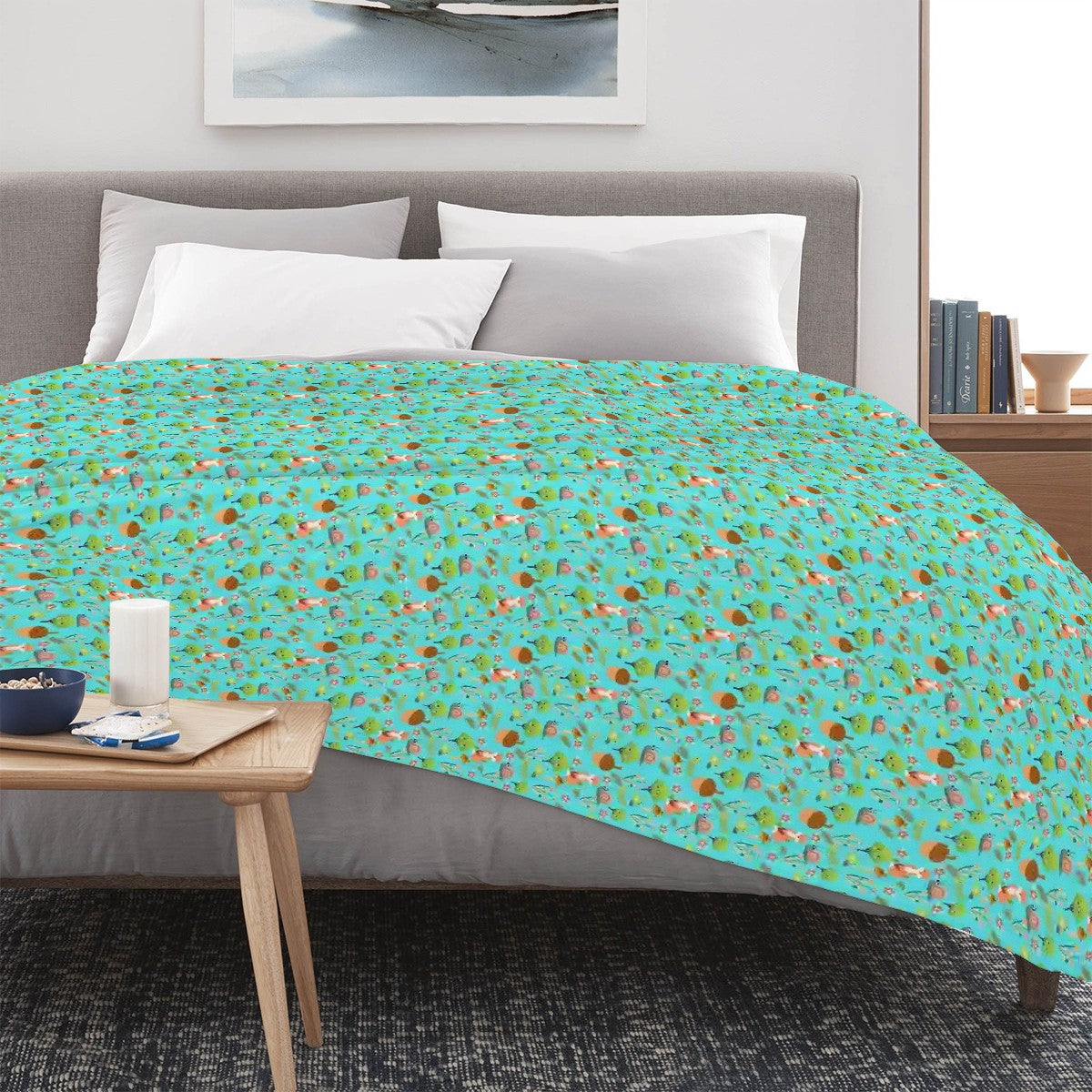 "Foxy Forest" Blanket – Blue Fleece Throw with Foxes, Trees & Woodland Creatures, Cute Nature-Inspired Decor Gift