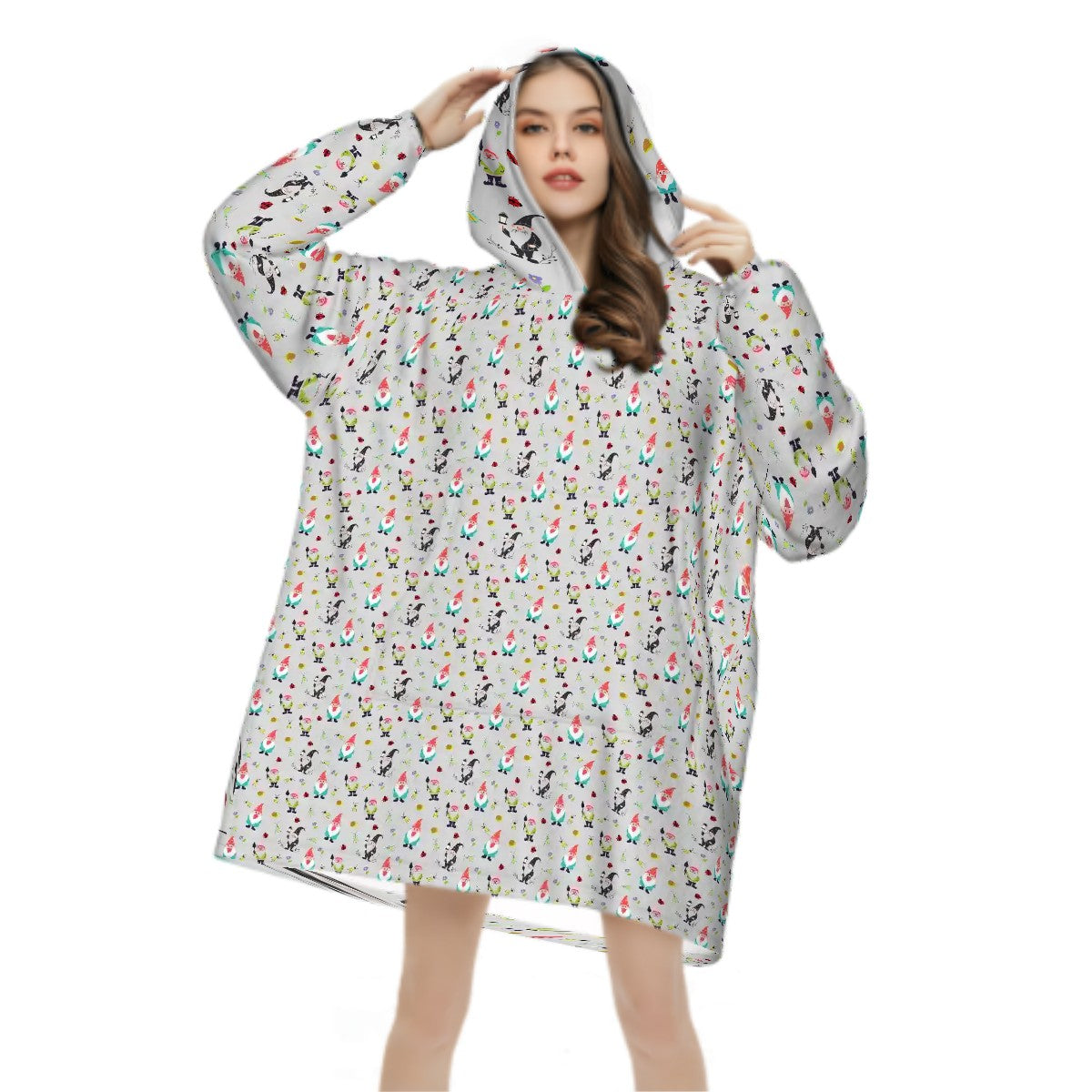 "Gnome Trails" Grey Blanket Hoodie – Cozy Whimsical Loungewear with Gnomes