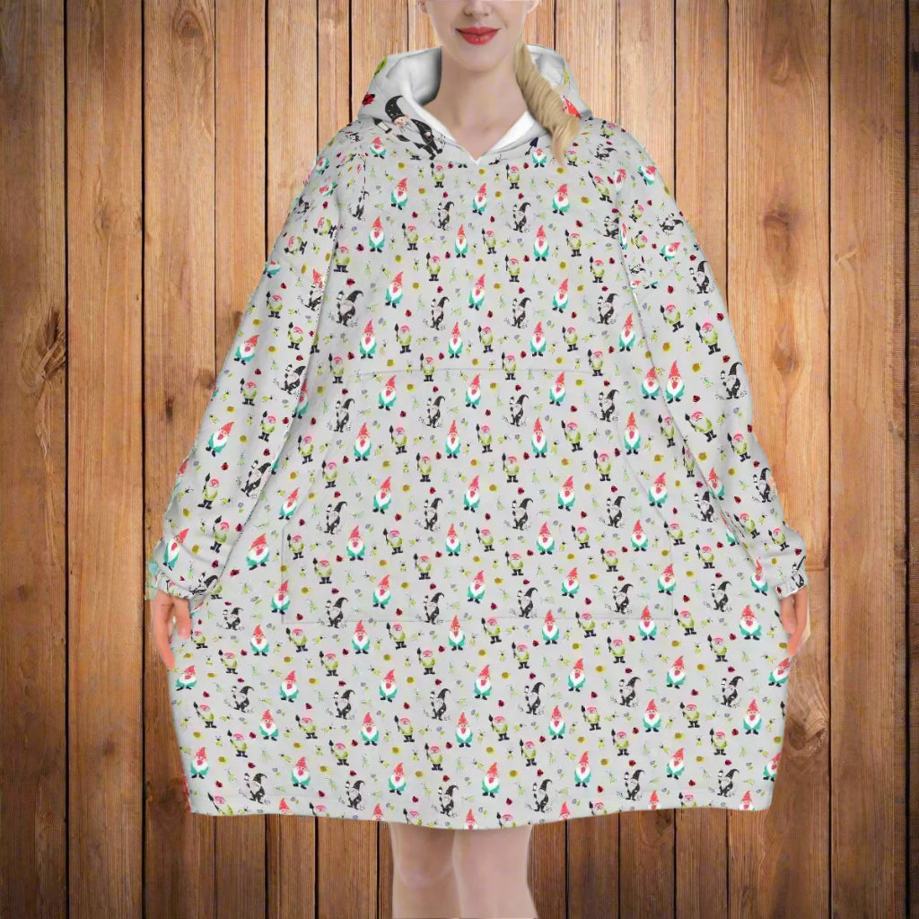 "Gnome Trails" Grey Blanket Hoodie – Cozy Whimsical Loungewear with Gnomes