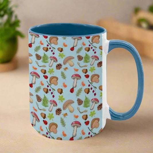 “Forest Floor” 15oz Mug – Blue Background, Mushrooms, Insects, Acorns, Leaves & Ferns, Woodland Nature Coffee Cup
