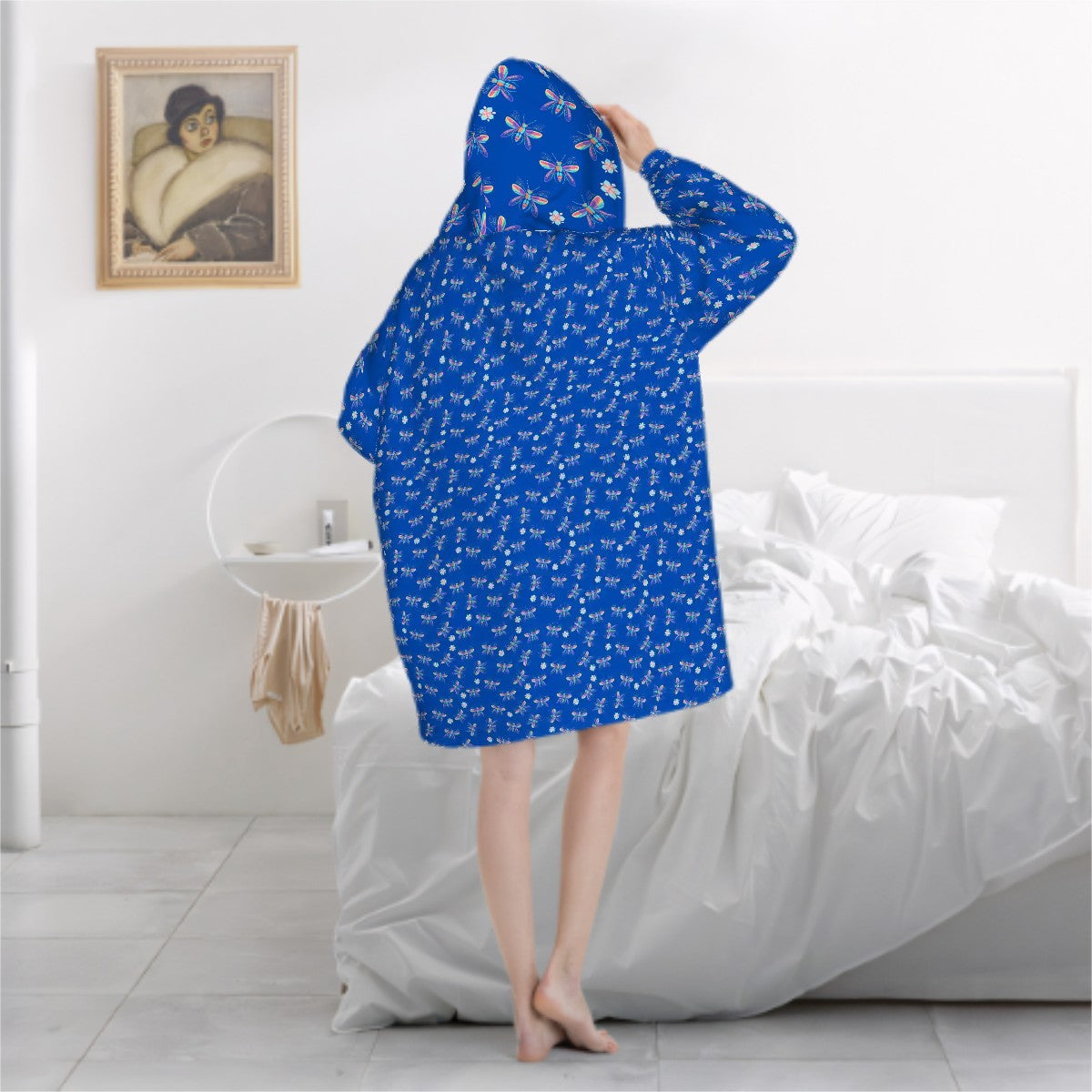 "Iridescent Flight" Blue Blanket Hoodie – Cozy Whimsical Loungewear with Dragonflies