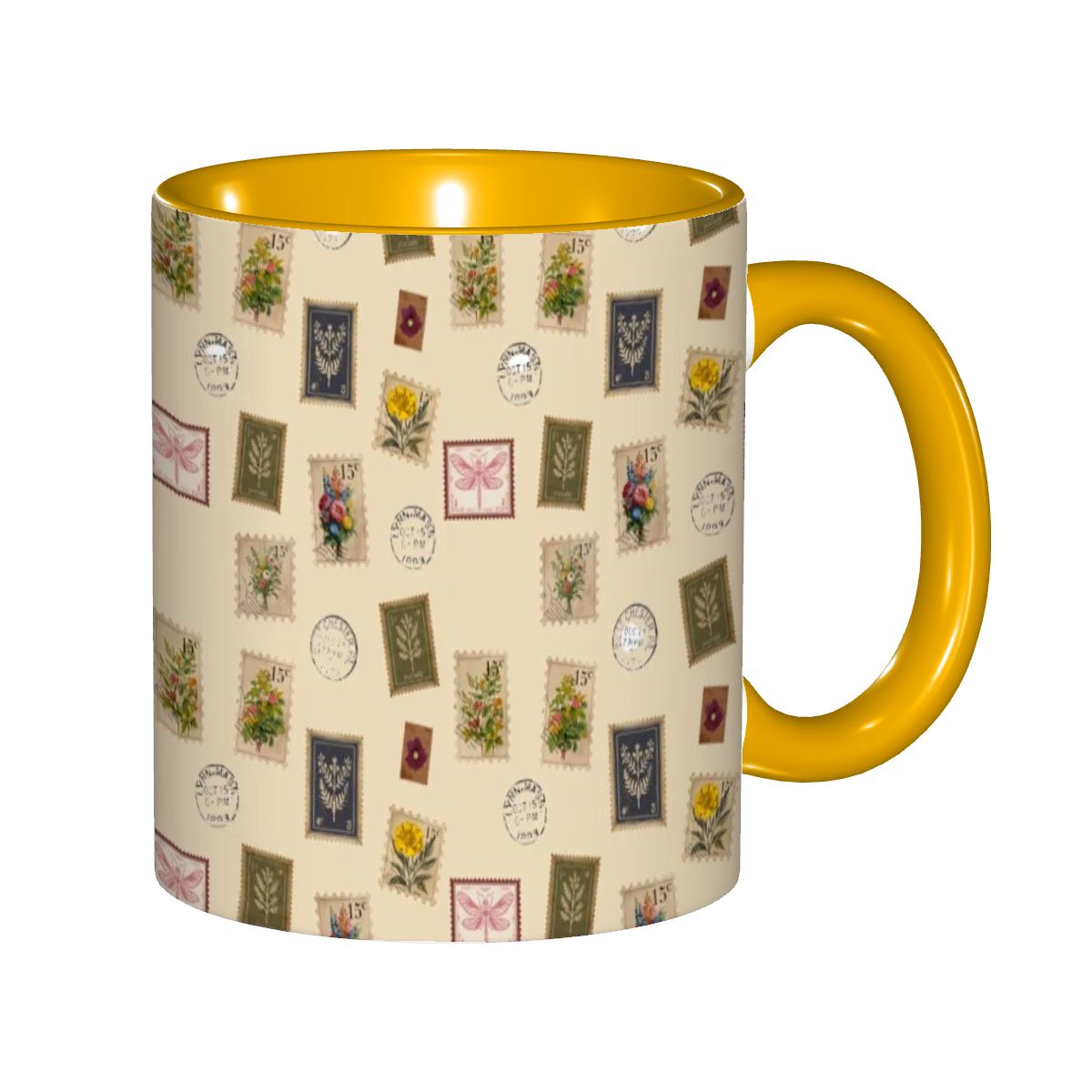 "Garden Postage"11oz Mug – Vintage Botanical Stamp Print on Cream | Floral Coffee Cup by Rabbit Haven