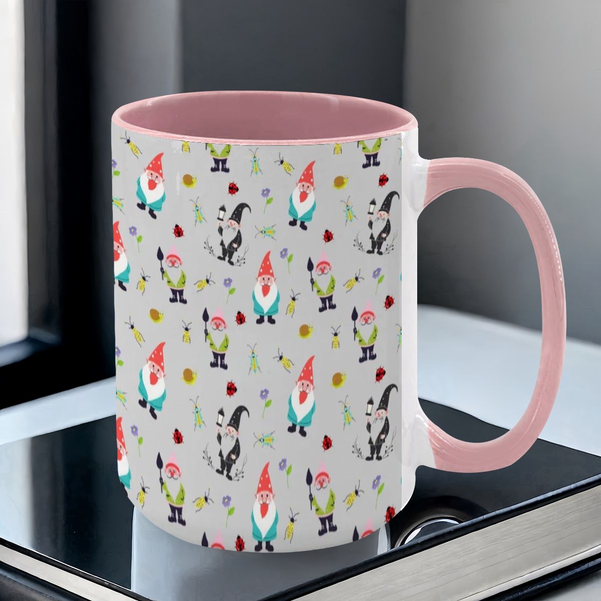 “Gnome Trails” 15oz Mug – Whimsical Gnome Pattern, Large Coffee Cup, Grey Background, Woodland Forest Gift