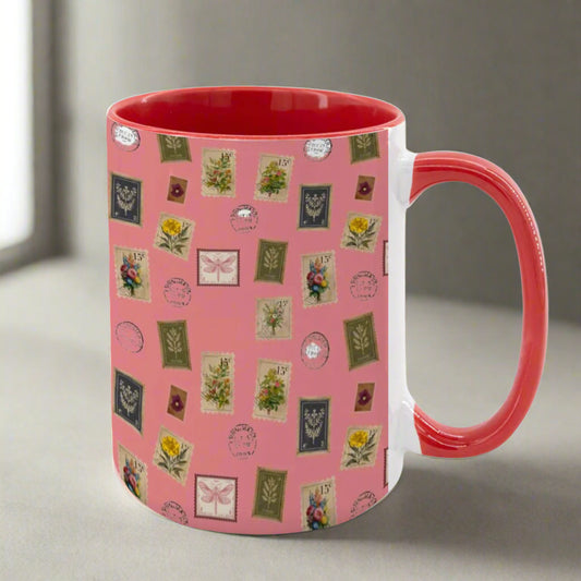 "Garden Postage" 15oz Mug – Vintage Botanical Stamp Print on Pastel Rose | Large Floral Coffee Cup by Rabbit Haven
